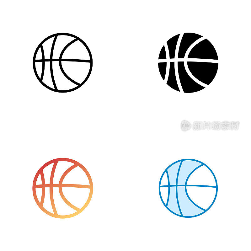 篮球通用图标设计在四种风格与可编辑的笔画。线，实线，平线和颜色渐变线。适合网页，移动应用，UI, UX和GUI设计。